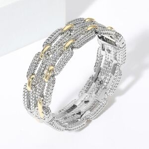 Silver Gold Two Tone Double Layered Textured Chain Link Bangle Bracelets